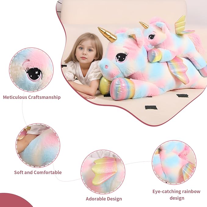 44 Inch Giant Color Unicorn Stuffed Animal Pillow, Cute Soft Big Unicorn with Rainbow Wings Large Plush Toy, Gifts for Girlfriend Girl Boy Kids Christmas Birthday Valentines
