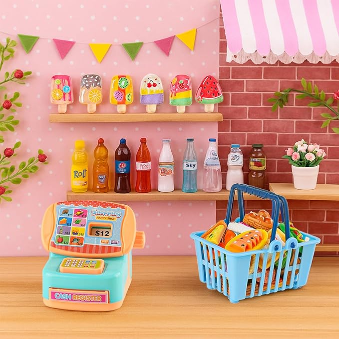 Miniature Food Play Set for Kids - Includes Refrigerator Freezer Ice Cream Drinks & Display Shelves Realistic Toy for Imaginative Play, for Toddlers