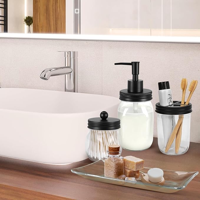 Jenseits Bathroom Accessory Set 4 Pcs - Toothbrush Holder, Lotion Soap Dispenser, Apothecary Jars Qtip Holder, Vanity Tray - Farmhouse Bathroom Accessories, Rustic Home Country Decor (Black)