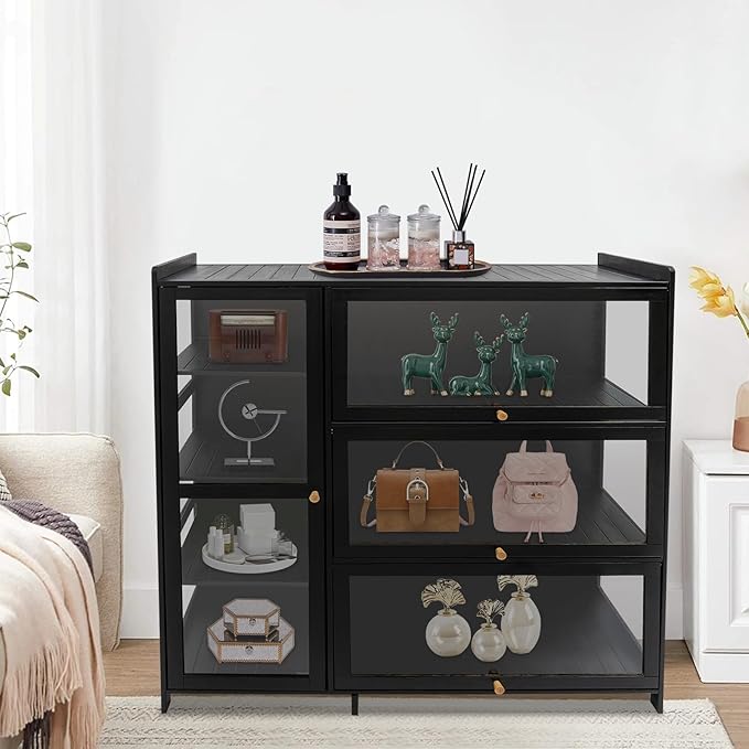 Display Cabinet with Acrylic Doors, Display Curio Cabinet with 3+4 Shelves for Collectibles Figures, Black Bamboo Storage Display Case Clear Showcase for Home Office Living Room Gaming Room