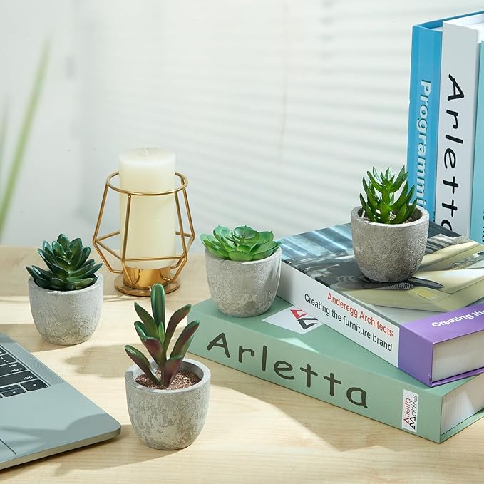 Dominow Artificial Succulent Plants in Pots, Set of 5 Mini Fake Succulents for Indoor Home Decor, Small Faux Potted Greenery for Office Desk, Shelf, Bathroom, or Modern Boho Rustic Room Decoration