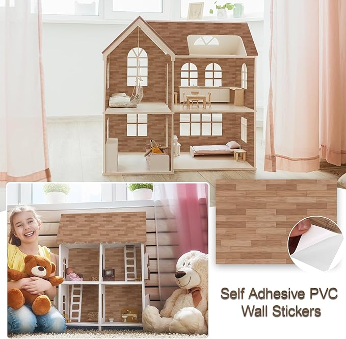 35 Pcs Miniature Dollhouse Wallpaper Self-Adhesive Mini DIY Floorboards Wall Paper Real Life DIY Decoration for Dollhouse(Brown)