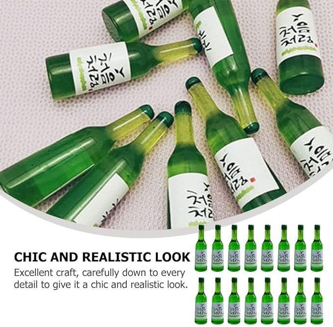 LUOZZY 40 Pcs Korean Soju Miniature Dollhouse Accessories - Mini Beer and Wine Bottles, Tiny Resin Drinks, Fake Bottle Models