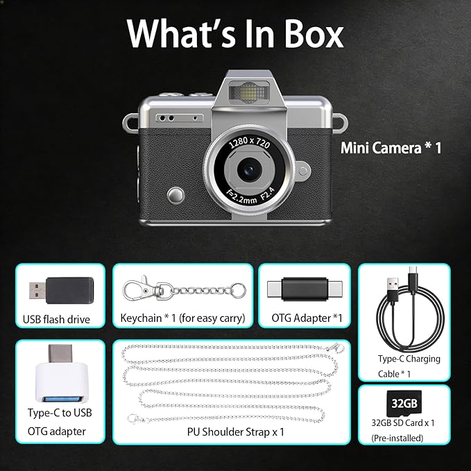 Pyxfeiiu Mini Keychain Camera,1080p Video Mini Digital Camera,Retro Flip Screen Small Bodycam,with Adapter and 32GB Card (Expandable to 128GB),USB Charging Long Battery Life for Kid,Travel,Vlog