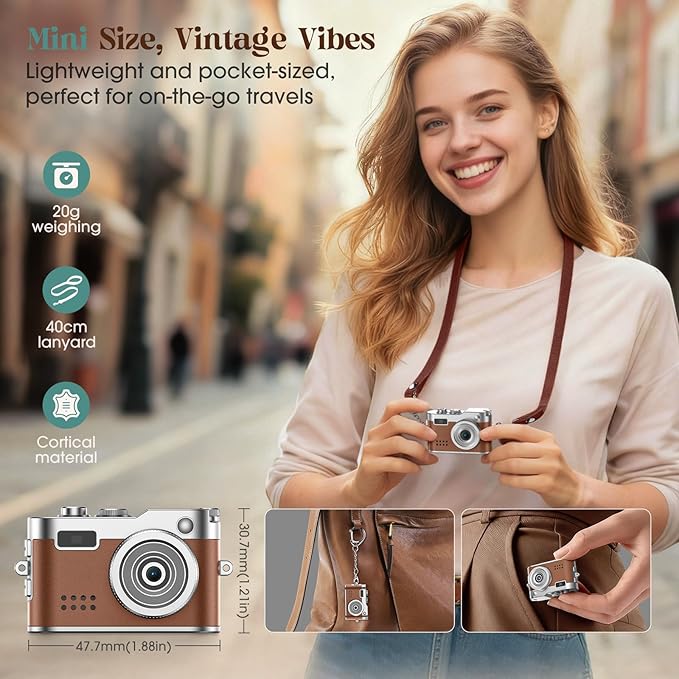 HOTU Mini Digital Camera, Keychain Camera 1080P HD with 2MP Lens, Flash, Video Recording, 32G Card Included, Portable and Compact Retro Vlog Camera for Travel, Kids, Brown
