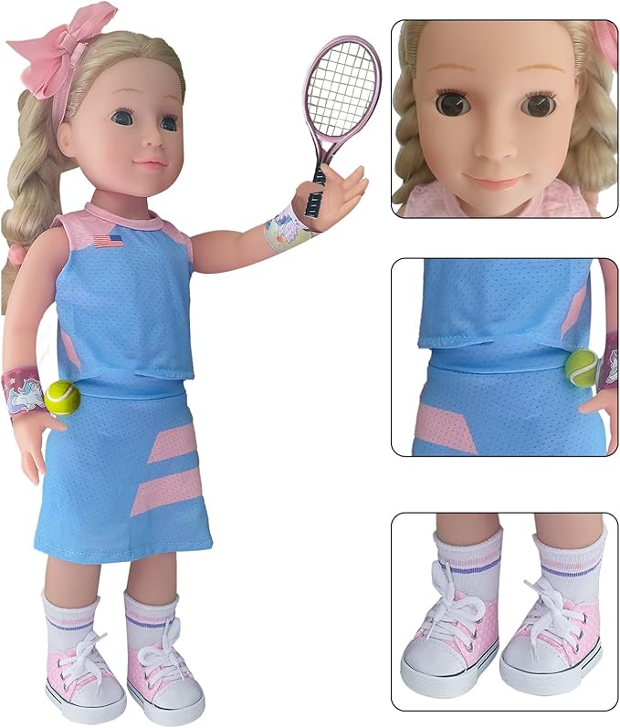 Wenzhuo 18inch Doll Clothes and accessories-18 Dolls Tennis Sports Outfits-Tops, Short Skirt, Headbands, Hair Band，Doll Socks, Dolls Shoes, Rackets, Ball