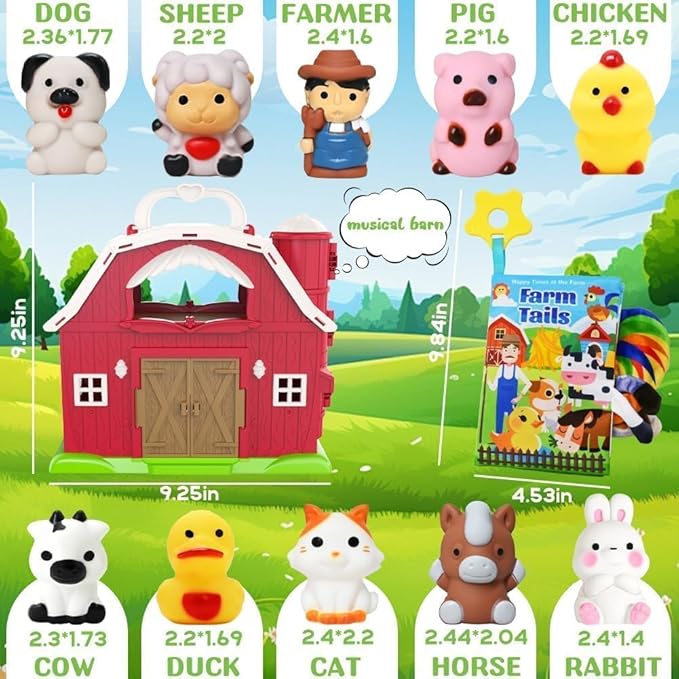 Kimicare Musical Red Barn Toy Farm Animal Finger Puppets for 3 4 5 Years Old, Animal Figures Playset with Farm Baby Book, Sensory Learning Toys Birthday Gifts Christmas Stocking Stuffers