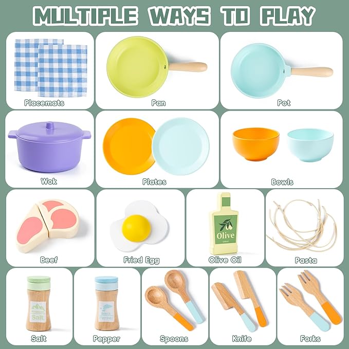 Wooden Kitchen Toys for Toddlers, Montessori Pretend Play Kitchen Accessories, Play Food Sets for Kids Kitchen, Pots and Pans Cooking Sets, Gifts for 3 4 5 Years Old Girls Boys