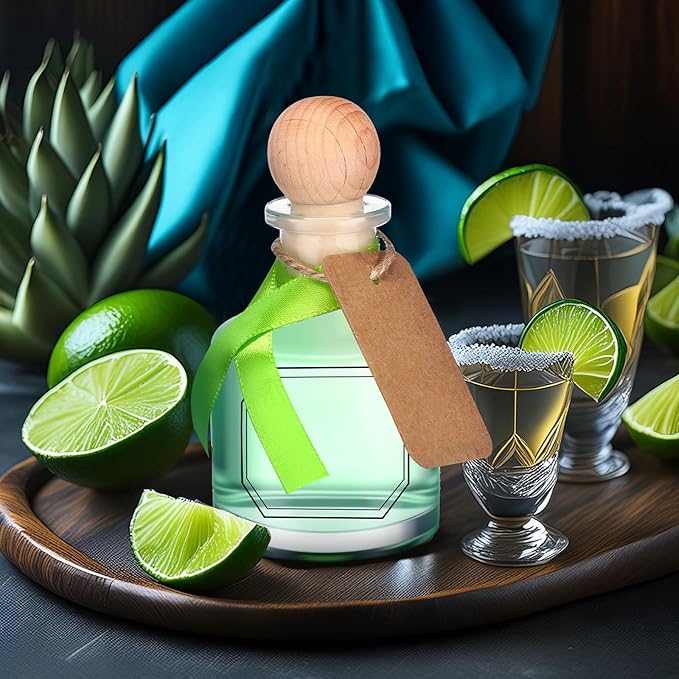 Baderke 24 Pcs 50 ml /1.7 oz Patron Shot Bottles Empty for Drinks Mini Tequila Shot Bottles Patron with Cork Lids Green Ribbon Reusable Glass Bottle for Weddings Birthday Party Favors DIY Crafts