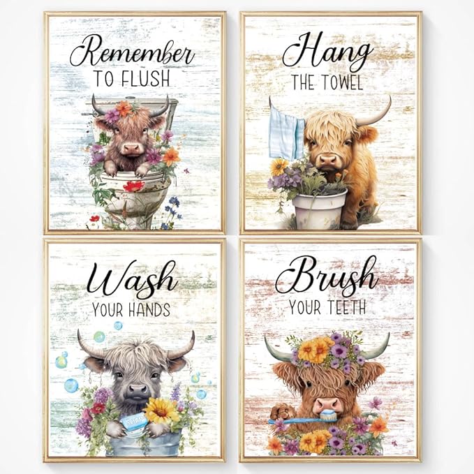 Highland Cow Wall Art Set of 4(8"x10") Unframed, Rustic Bathroom Decor Funny Signs for Toilet Decorations