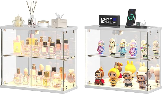2pcs LED Clear Glass Display Case - for Figures & Collectibles, Small 2-Tier Display Cabinet with Charging Station, Display Box with Lights & Human Sensor, for Model Car, Perfume, White