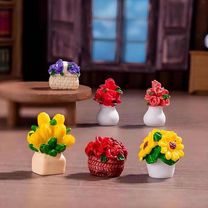JiuGongmoup 8 Pcs Mini Resin Flowerpot Figurines - Rose, Tulip & Sunflower Potted Flowers, Cute Miniature Plants for Dollhouse Accessories, Desk, Car & Home Decorations, Refreshing Gifts for Girls