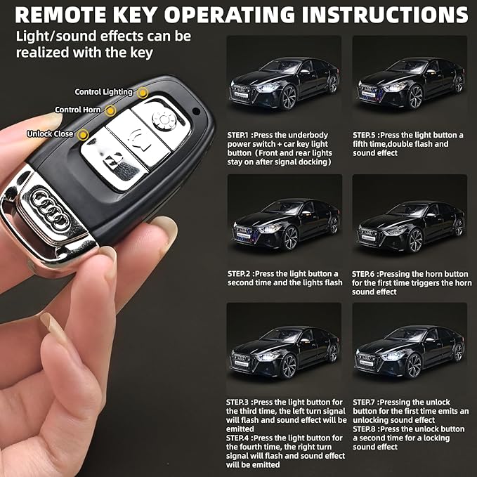 Model Car Kits for Adult 1/18 Diecast Cars Compatible with Audi RS7 Sportback Car Collection,Remote Control Key Version Metal Toy Cars with Lights and Sounds,Toy Cars for Boys Age 4-7（Black）