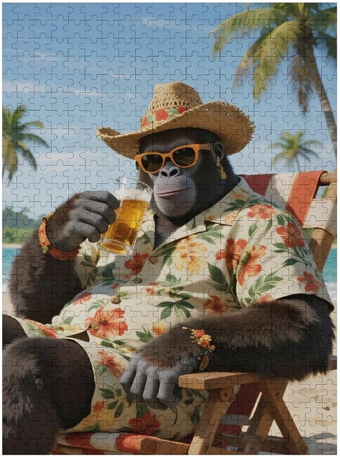 Summer Gorilla – 1000 Piece Creative Animal Wooden Jigsaw Puzzle, Energetic Summer Gorilla Illustration, Brain Challenge, Relaxing Hobby, Family Entertainment