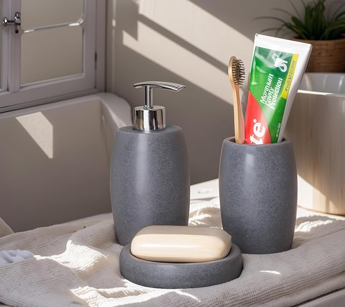 Clasin Home Grey Bathroom Accessories Set 3 PC, Resin Sandstone Look Soap Dispenser, Toothbrush Cup, Soap Dish, Bathroom Soap Dispenser Set for Home Decor and Kitchen