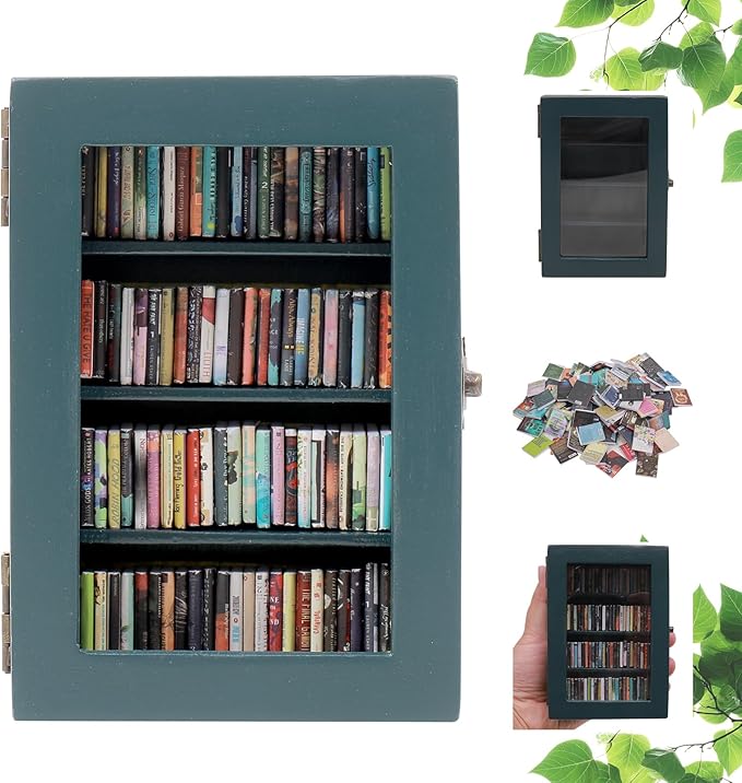 Anxiety Bookshelf Ornament With 100pcs Mini Books | Miniature Bookshelf Decor |Shake Away Your Anxiety Book Library | Mini Book Shelf for Doll House Home Office Decor (Blue)
