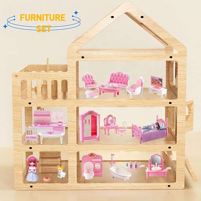 Princess Dollhouse Furniture Set, 48 Piece Luxury Miniature Accessories Collection with Living Room, Bathroom, Bedroom，Kitchen, TV Entertainment Set (Pink)