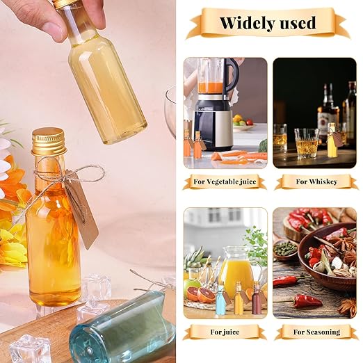100 Pcs Mini Liquor Bottles, 1.7oz Shot Bottle with Caps 50ml Plastic Spirit Bottles, 4 Liquid Funnels, Kraft Tags, Brush and String, for Wedding, Baby Banquet, Party（Gold Cap）