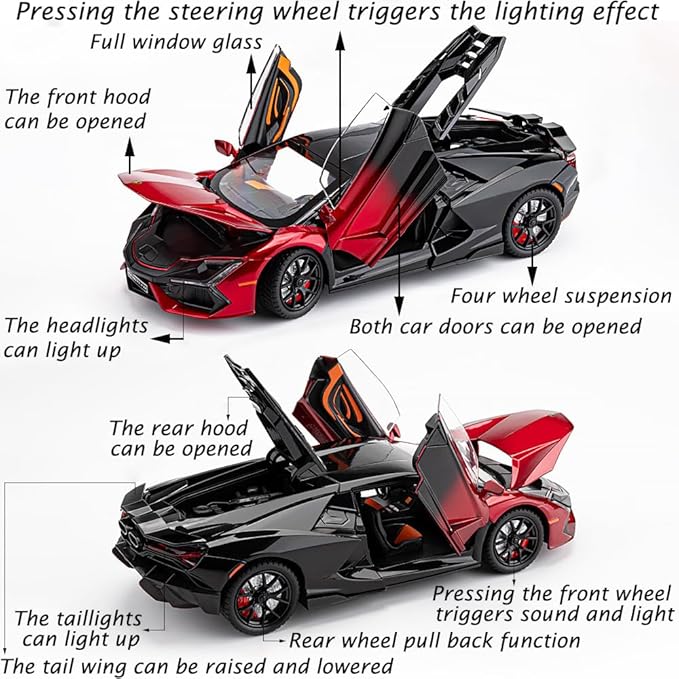 Alloy Collectible 1/24 Lambo Revuelto Toy Pull Back Vehicles Diecast Cars Model with Light & Sound (Red/Black)