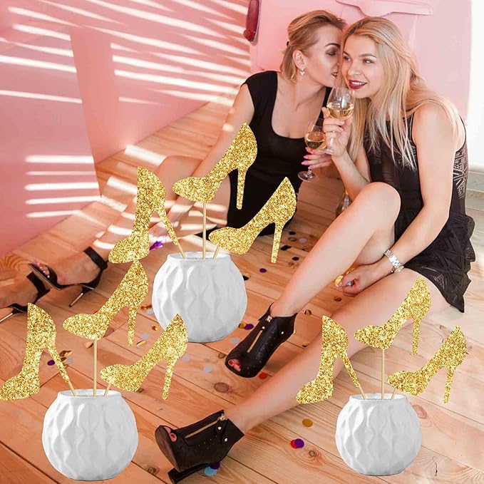 Glitter Gold High Heel Ccenterpiece Sticks Birthday Party Wedding Party Suppliesns 12PCS Stiletto Heels Table Toppers Shoes Table Decorations for Women Bachelorette Party Decor