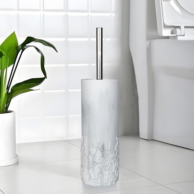 Indecor Home Marble Cherry Blossom Design Resin Toilet Brush and Holder Set for Bathroom, Stylish Design with Durable Bristles and Compact Storage