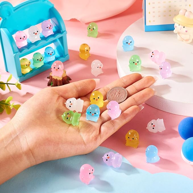 Beadthoven 24pcs Luminous Mini Resin Glow in The Dark Chick Animals Dollhouse Figurines Assorted Colorful Cute Cabochons Small Glowing Figure DIY Charms Garden Craft Landscape Ornaments
