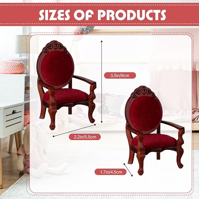 Civaner 2 Pcs Christmas Miniature Dollhouse Chair 1:12 Miniature Vintage Red Victorian Furniture Dollhouse Accessories Wooden Carved Single Chairs Vintage Armchair for Sofa Decoration Ornament