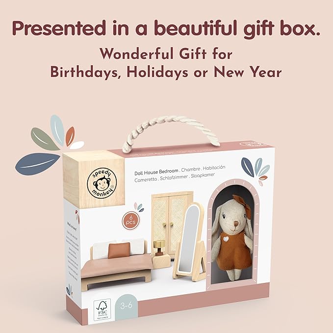 SPEEDY MONKEY Doll House Bedroom Playset – Wooden Playhouse with Bunny Character & Furnitures Set for Kids, Pretend Play Dollhouse and Imaginative Room Décor Storytelling for Toddlers & Preschoolers