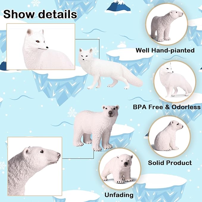 EOIVSH 4PCS Polar Animal Toys, Realistic Arctic Animals Figurines Set with Polar Bears & Arctic Fox, Plastic Winter Animal Figures for Cake Topper Birthday Gift Party Favor