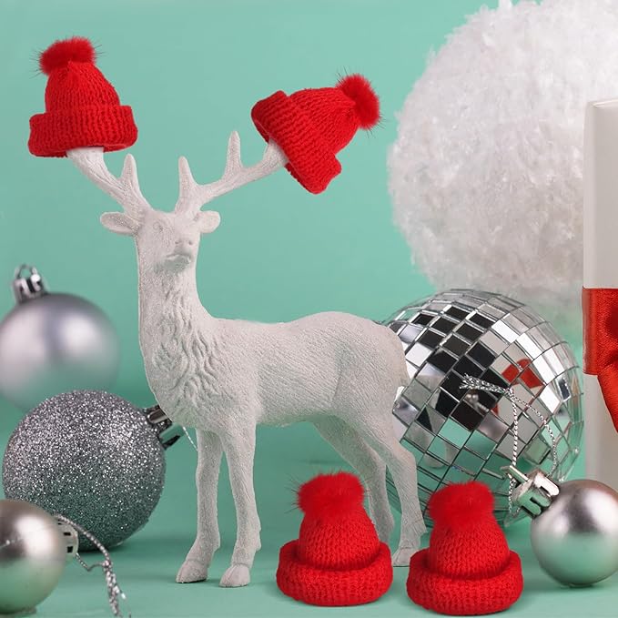 Bencailor 48 Pcs Mini Christmas Knitting Hats and Mini Christmas Scarf Set Knitting Doll Hat Scarf Santa Knit Hat Tree Ornaments for DIY Craft Art Doll Decoration (Bright Red)