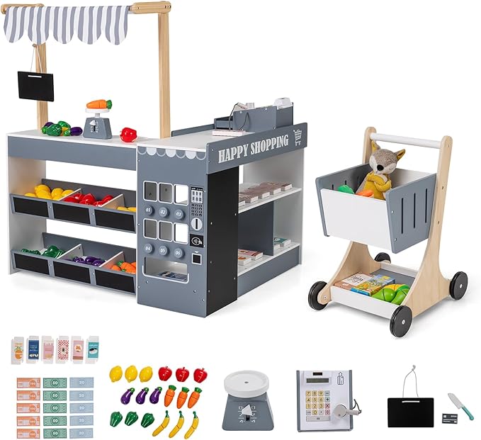 Costzon Kids Grocery Store Playset, Wooden Play Store w/Lights & Sound, Shopping Cart, Blackboards & Cash Register, Toddler Toy Grocery for Boys and Girls Ages 3+ (Grey, 35.5" x 31" x 41")