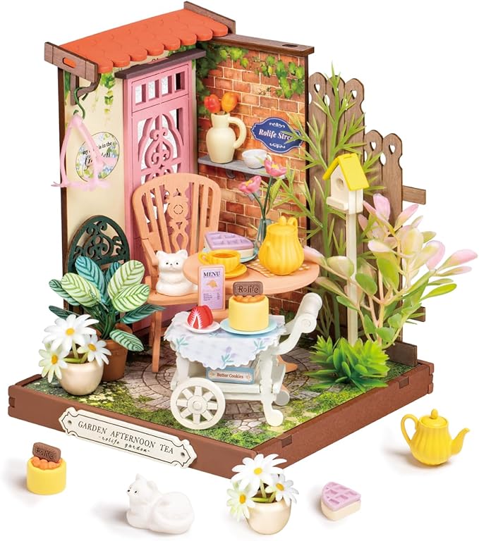 Rolife DIY Mini Building House Miniature Kit-Fancy Tea Yard, Miniature Lifestyle Mini Bookshelf Decoration, DIY Hobbies/Gifts for Craftsman (Fancy Tea Yard)