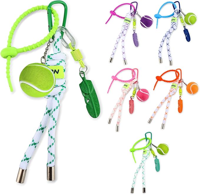 Nosiny 6 Pcs Tennis Ball Keychain Cute Tennis Racket Key Rings with Striped Lanyard 7.1in Sporty Bag Charm Backpack Pendant Gift for Men Women Sports Lover Players Team