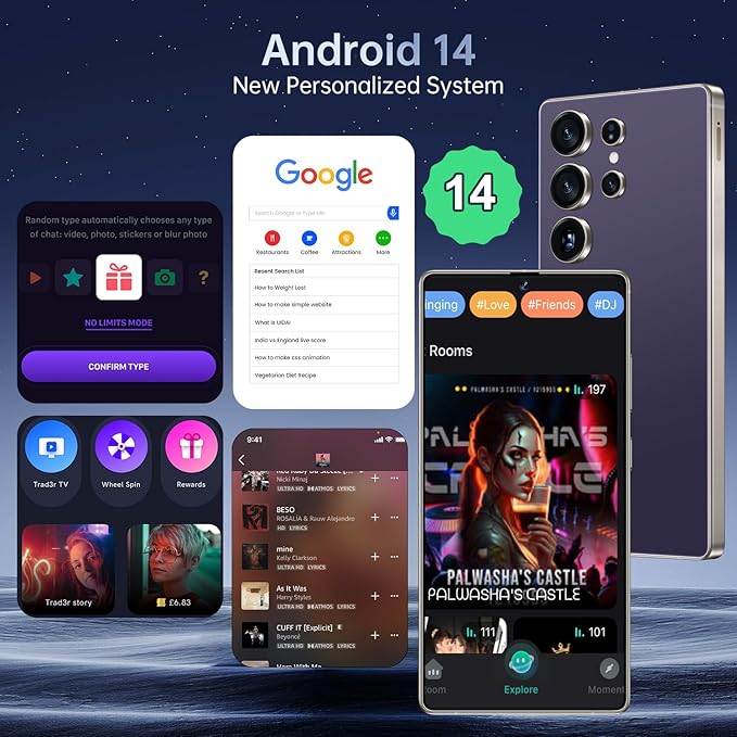 BDWJW I25 Ultra Smartphone 16GB+512GB Android 14 Smartphone, 6.99" FHD+ Display, 7000mAh Battery, 108MP+68MP Dual Camera, Built-in Pen Stylus, Fast Performance Large Memory (Purple)