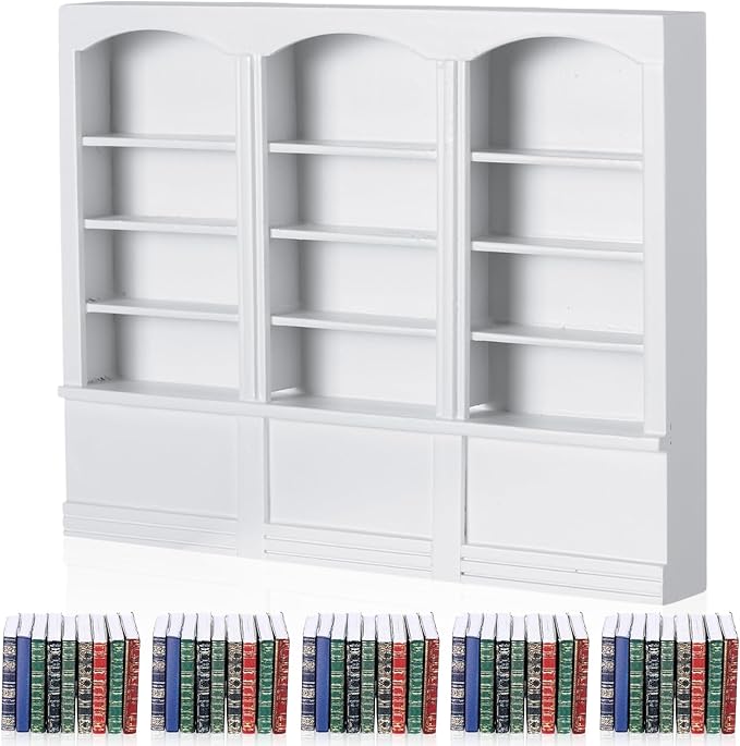 1:12 Scale Dollhouse Miniature Wooden Bookshelf with 48 Pcs Miniatures Books, Mini Bookcase Tiny Books for Dollhouse Mini Library Furniture Christmas Decoration Gift(White)