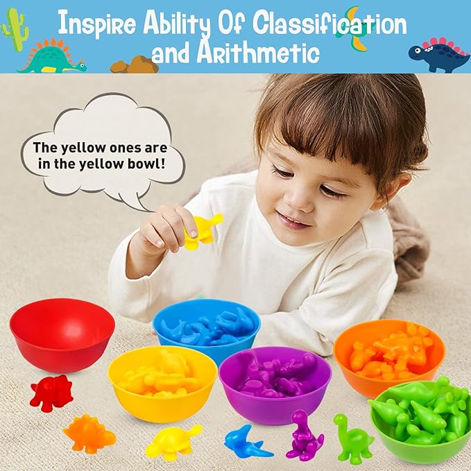 Counting Dinosaurs Color Sorting Toys with Rainbow Bowls,Sensory Training & Counting Activity Montessori Education Learning Activities Christmas Stocking Stuffers Gifts for Boys Girls