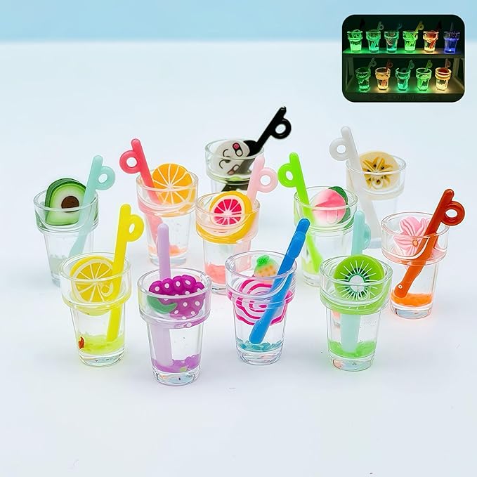 11 Pcs Miniature Dollhouse Drinks Set – Resin Glass Cup and Fruit Beverage Bottles, Simulated Drink Models for Summer Leisure-Themed Decor Decor, 1.07 x 0.5 Inch Mini Props for DIY Craft Display