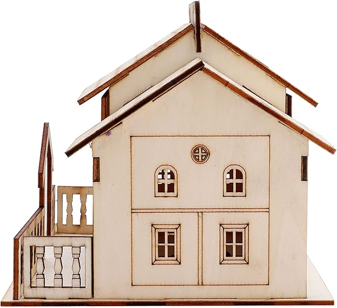 Buachois House Piggy Bank, 13 X 14 X 15cm Miniature Villa Coin Storage Box with Night Light, Wooden Money Bank House Model Dollhouse for Great Desktop Gift(#2)