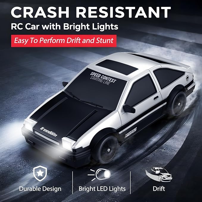Remote Control Car RC Drift Car 2.4GHz 1:24 Scale 4WD 15KM/H High Speed Model Vehicle with LED Lights Drifting Tire Racing Sport Toy Car for Adults Boys Girls Kids Gift 2Pcs Rechargeable Batteries
