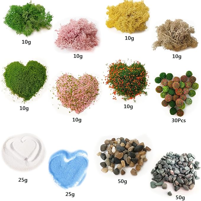 QuarenDen Scenery Basing Material Kit, 12 Bags, Basing Material Kit, Diorama Supplies, Decorative Sand, Stone, Grass, Moss Stick, River for Model Railway, Fairy Garden Diorama Scenery