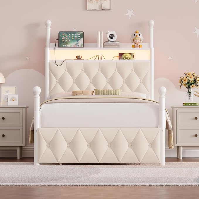 HIFIT Set of 2 Kids Twin Upholstered LED Canopy Bed Frame with Charging Station & Storage Drawer, Button Tufted Storage Headboard w/Bookshelf, Two-Use Girls Platform Bed frame w/4 Removable Post,Beige