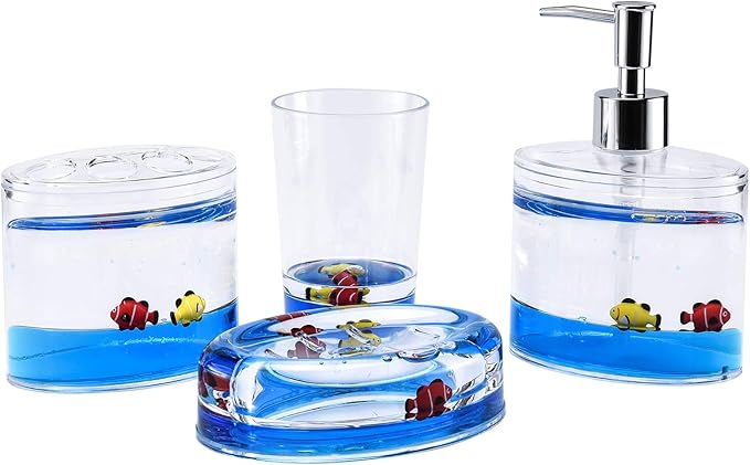 Locco Decor 4 Piece Acrylic Liquid 4D Floating Motion Bathroom Vanity Accessory Set Garden Theme Leaf Toothbrush Holder, Tumbler, Soap Dispenser, Soap Dish