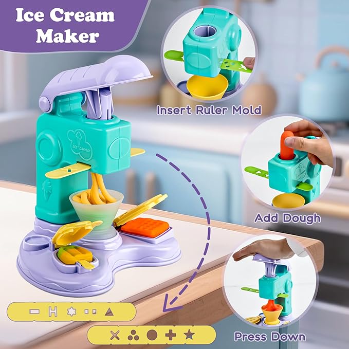 Aprilwolf 60 PCS 3 in 1 Dough Sets for Kids Ages 3-4-8, Art Crafts Dough Tools Kit, Unicorn Hair Stylist, Ice Cream Playset Hamburger Maker Machine, Kitchen Creations Food Play Toys Boys Girls