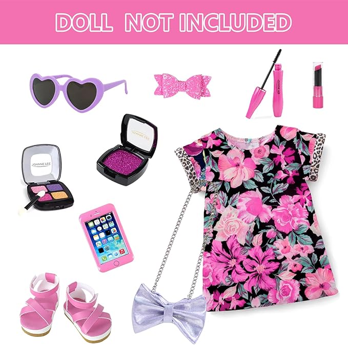 VAWMJOT American 18 Inch Doll Makeup Accessories and Clothes,Messenger Bag Set for 18 Inch Dolls Include Sunglasses Phone Lipstick Eyelash Brush Eye Shadow Blusher Butterfly Hair Clip and Shoes