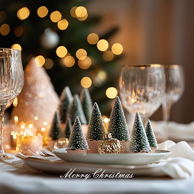 10pcs 4inch Mini Christmas Tree Bottle Brush Trees Chrismas Village Trees Ornaments Snow Mini Plastic Christmas Trees with Wooden Base for Christmas Decoration Miniature Chrismas Tree