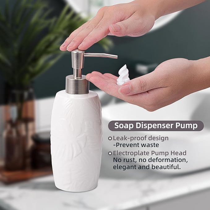 Bathroom Accessories Set,Leaf Design Bathroom Accessory Set,4 PCS Ceramic Gift Set Apartment Necessities, Contain Cotton Swab Jar,Soap Dispenser,Soap Dish,Tumbler White