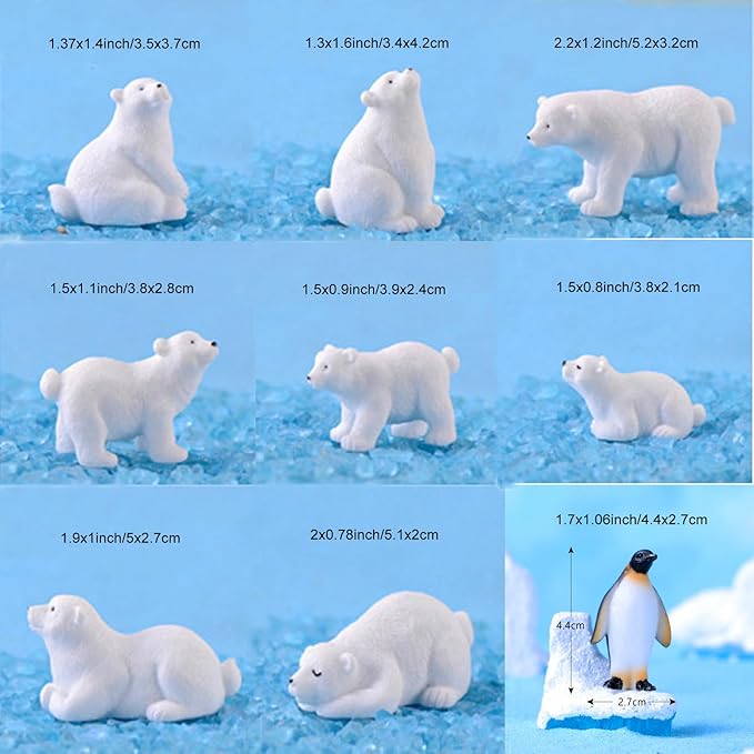 18Pcs Mini Realisitic Arctic Animals Figurines Resin Polar Bear Penguin Seal Iceberg Figures Miniature Cake Toppers for DIY Diorama Fairy Garden Birthday Party Gift