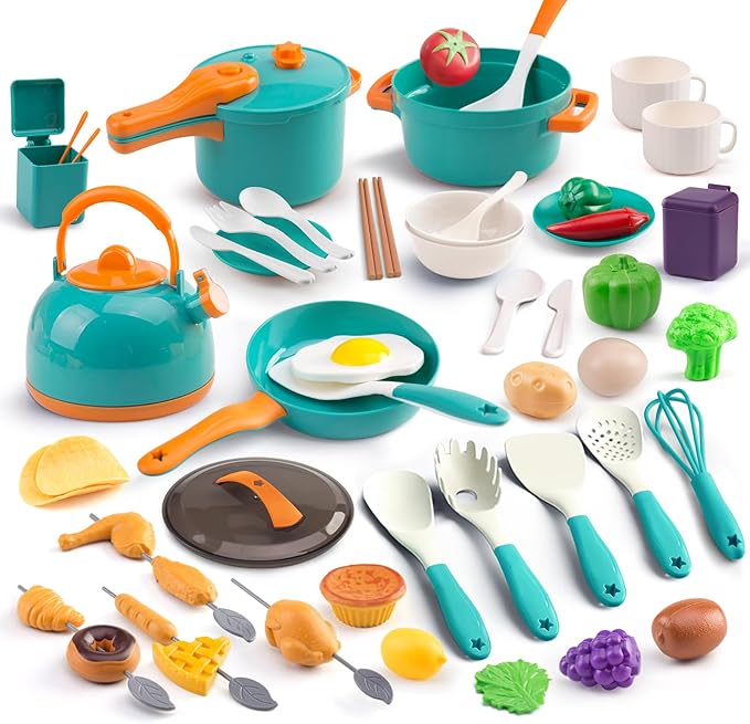 60Pcs Kids Mini Play Kitchen Accessories, Pretend Cooking Play Set with Cookware, Tableware & Fruit & BBQ Sets, Learning Gift for Boys, Girls, Toddlers,Green