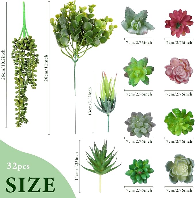 Therwen 32 Pcs Artificial Succulent Plants Mini Fake Succulents Faux Realistic Unpotted Succulents Assortment in Flocked Green for DIY Crafting Home Garden Office Party Decoration