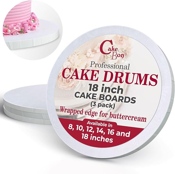 Cakebon Round Cake Boards - Sturdy 1/2 Thick Drums - 18 Inch Professional Fully Wrapped Edges White 3-Pack